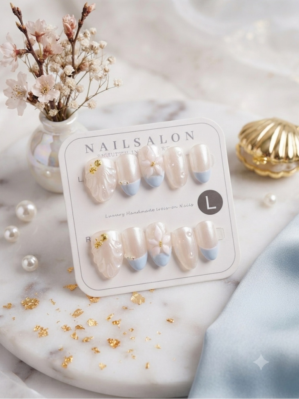 Luxury Pearl Press-On Nails in Pale Blue & Pearl